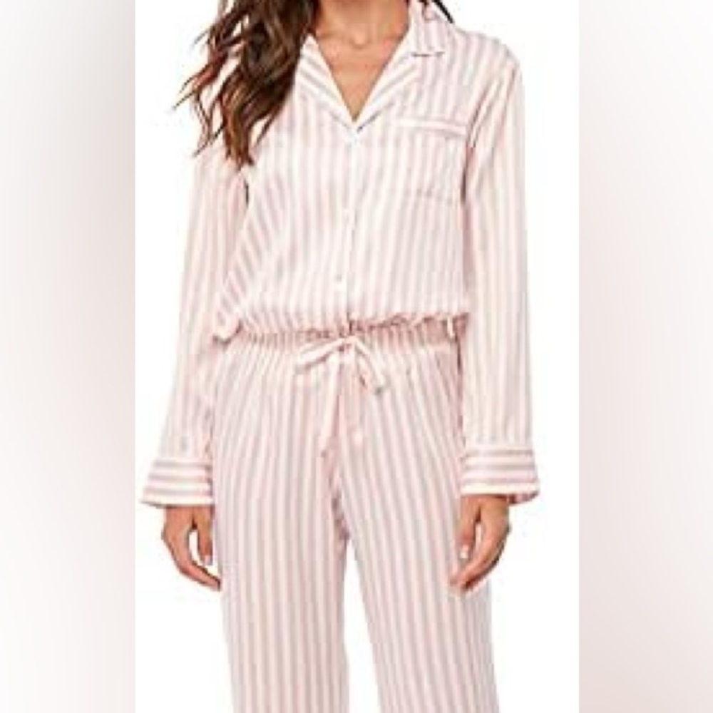 Pink & White Striped Satin Pajamas Set Shirt & full length pants Womens Sz XL|16